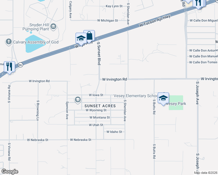 map of restaurants, bars, coffee shops, grocery stores, and more near 5503 West Irvington Road in Tucson