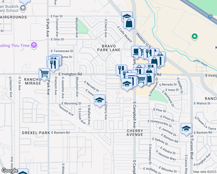 map of restaurants, bars, coffee shops, grocery stores, and more near 5073 South Cherry Avenue in Tucson