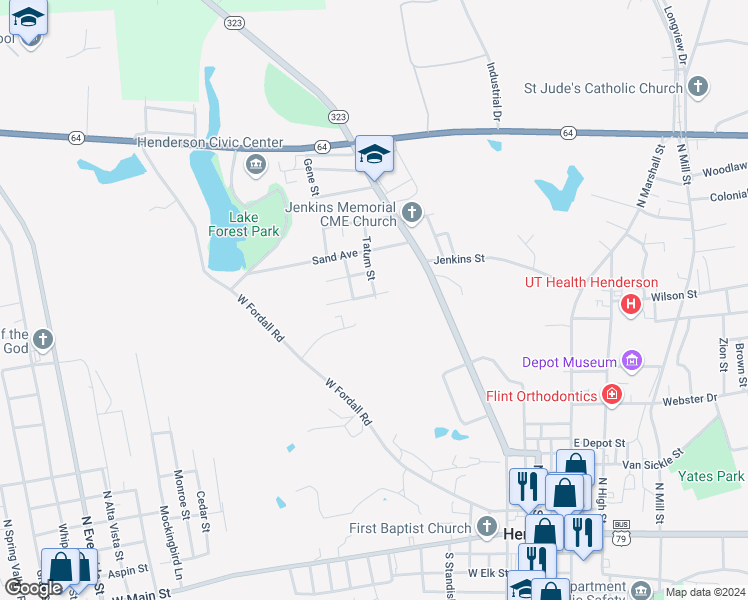 map of restaurants, bars, coffee shops, grocery stores, and more near 307 Biggers Street in Henderson