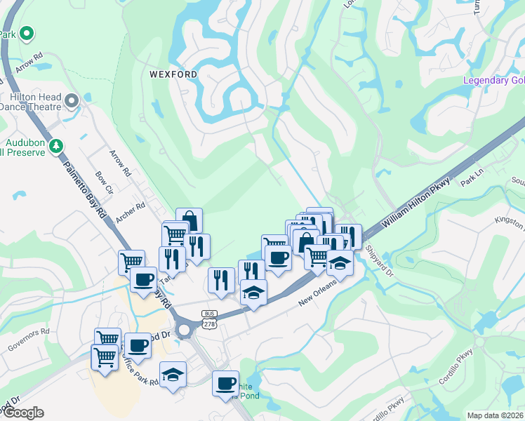map of restaurants, bars, coffee shops, grocery stores, and more near 34 Oxford Drive in Hilton Head Island