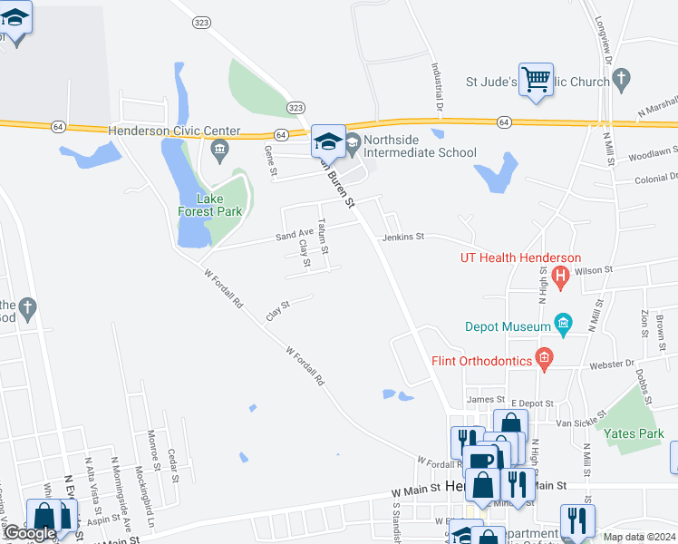 map of restaurants, bars, coffee shops, grocery stores, and more near 307 Biggers Street in Henderson