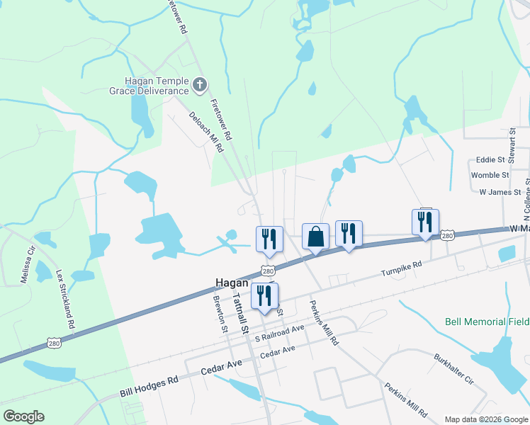 map of restaurants, bars, coffee shops, grocery stores, and more near 643 Hodges Street in Claxton