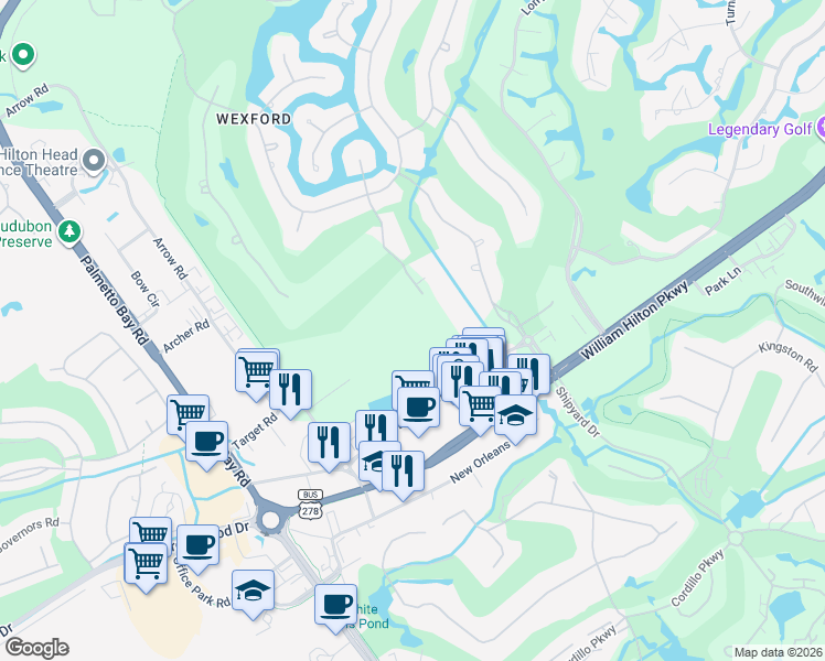 map of restaurants, bars, coffee shops, grocery stores, and more near 27 Oxford Drive in Hilton Head Island