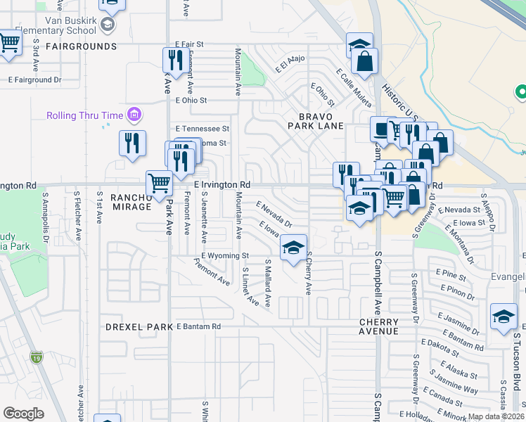 map of restaurants, bars, coffee shops, grocery stores, and more near 1342 East Nevada Drive in Tucson