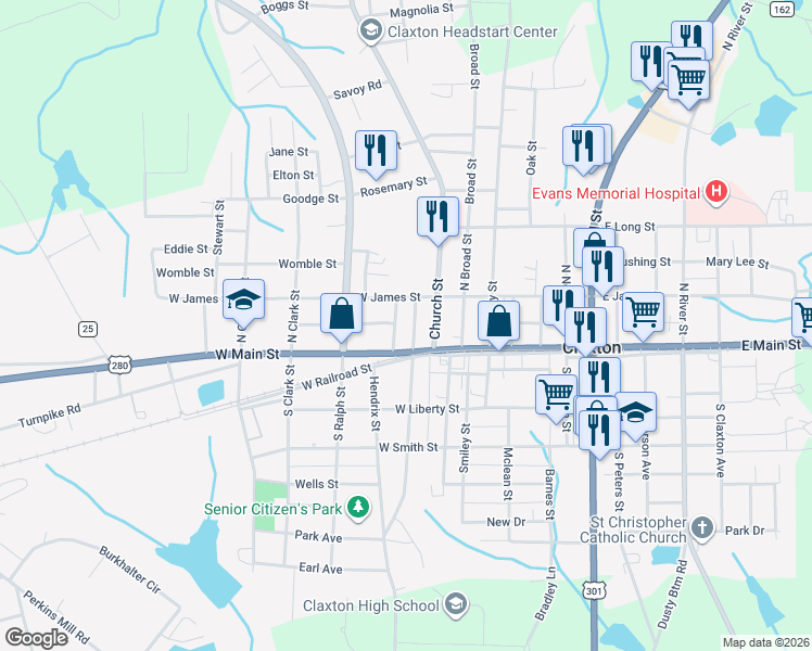 map of restaurants, bars, coffee shops, grocery stores, and more near 6-8 Gilmore Street in Claxton