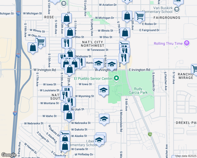 map of restaurants, bars, coffee shops, grocery stores, and more near 500 Crosswalk in Tucson