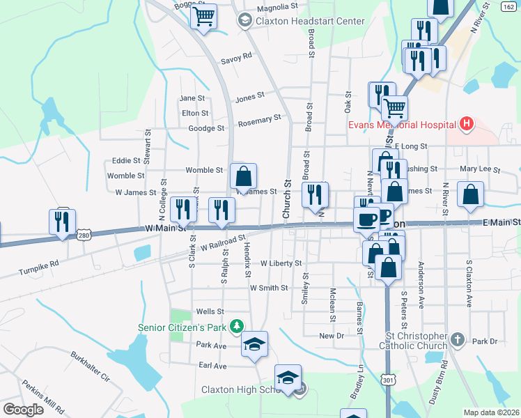 map of restaurants, bars, coffee shops, grocery stores, and more near 6 Gilmore Street in Claxton