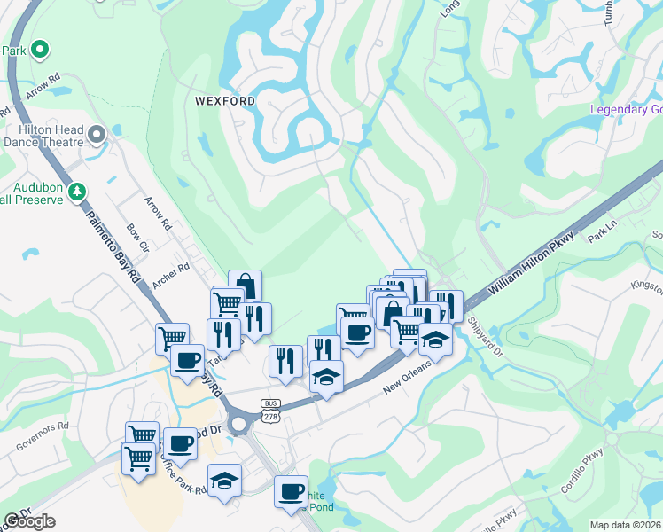 map of restaurants, bars, coffee shops, grocery stores, and more near 34 Oxford Drive in Hilton Head Island
