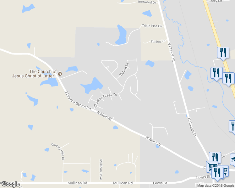 map of restaurants, bars, coffee shops, grocery stores, and more near 215 Shadow Creek Drive in Florence