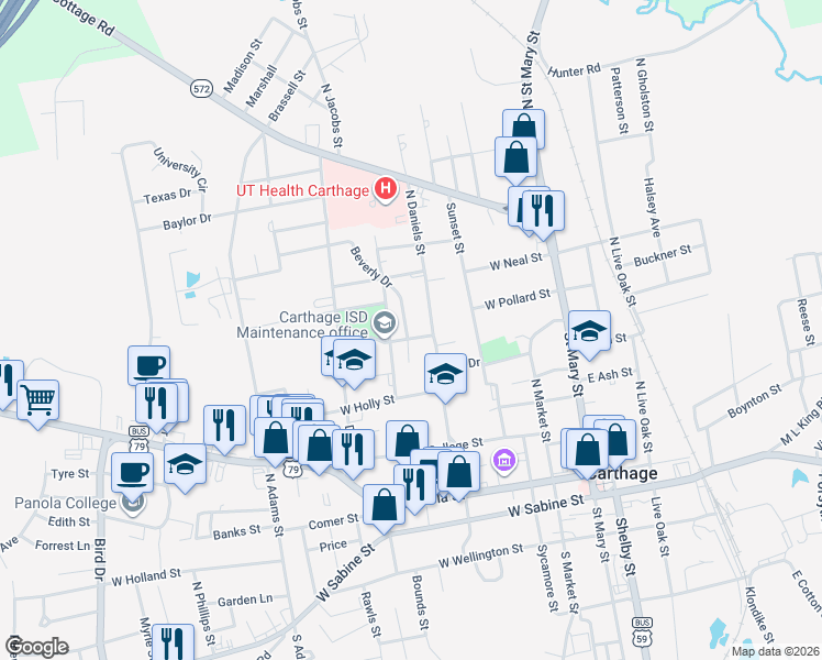 map of restaurants, bars, coffee shops, grocery stores, and more near 411 West Hill Street in Carthage