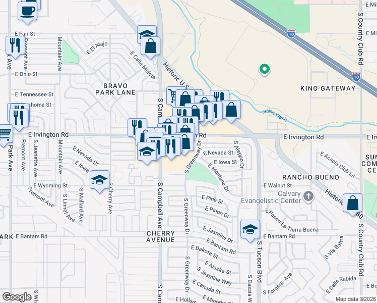 map of restaurants, bars, coffee shops, grocery stores, and more near 2004 East Irvington Road in Tucson
