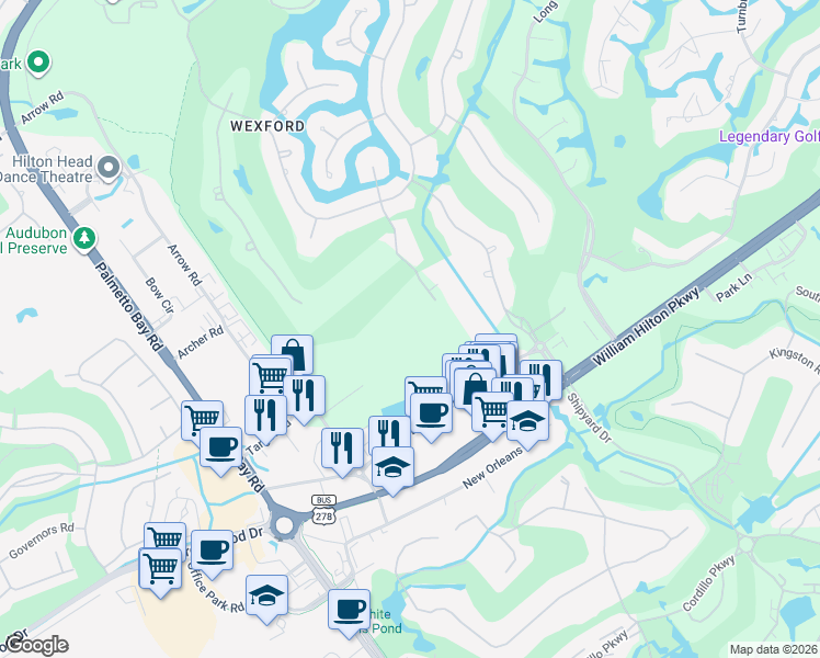map of restaurants, bars, coffee shops, grocery stores, and more near 34 Oxford Drive in Hilton Head Island
