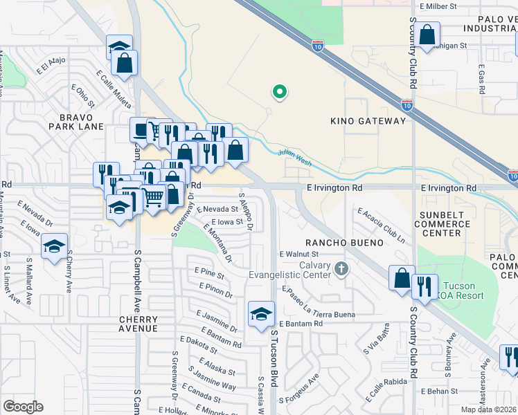 map of restaurants, bars, coffee shops, grocery stores, and more near 5001 South Cassia Way in Tucson
