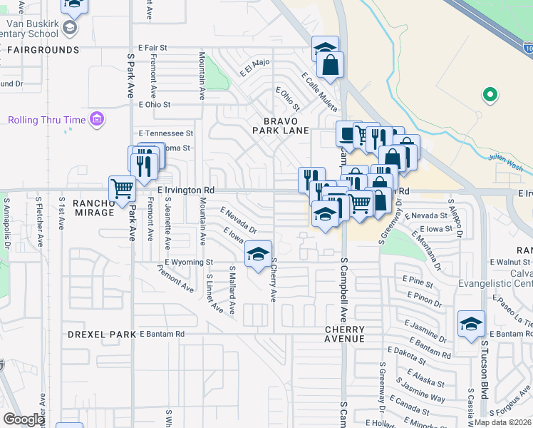 map of restaurants, bars, coffee shops, grocery stores, and more near 5073 South Cherry Avenue in Tucson