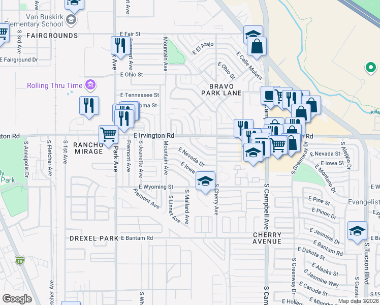 map of restaurants, bars, coffee shops, grocery stores, and more near 1401 East Iowa Drive in Tucson