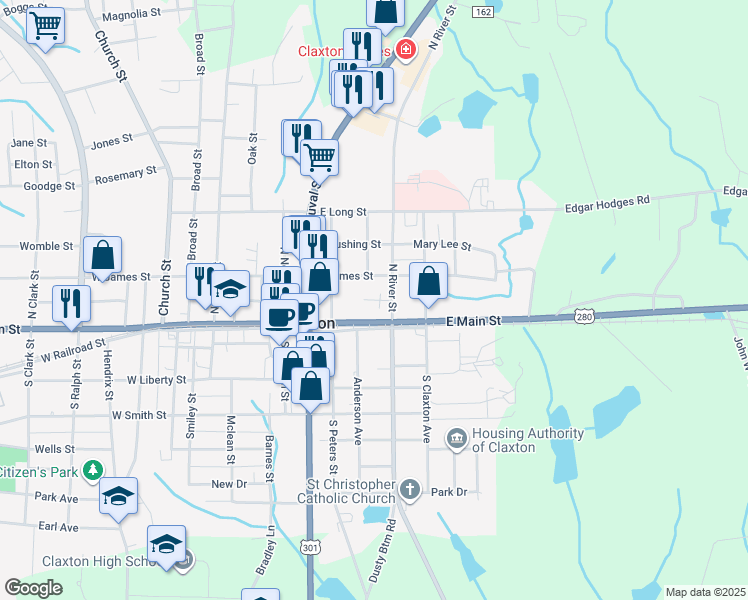 map of restaurants, bars, coffee shops, grocery stores, and more near 303 East Railroad Street in Claxton