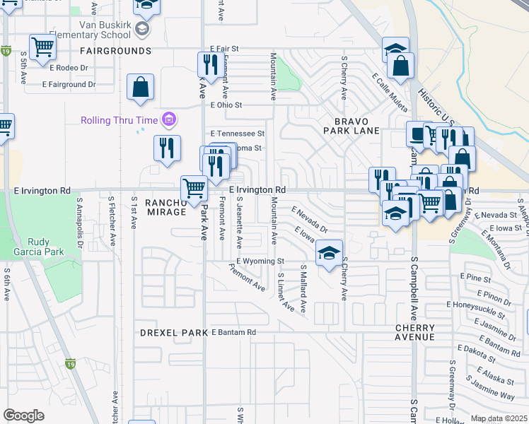 map of restaurants, bars, coffee shops, grocery stores, and more near 1150 East Irvington Road in Tucson