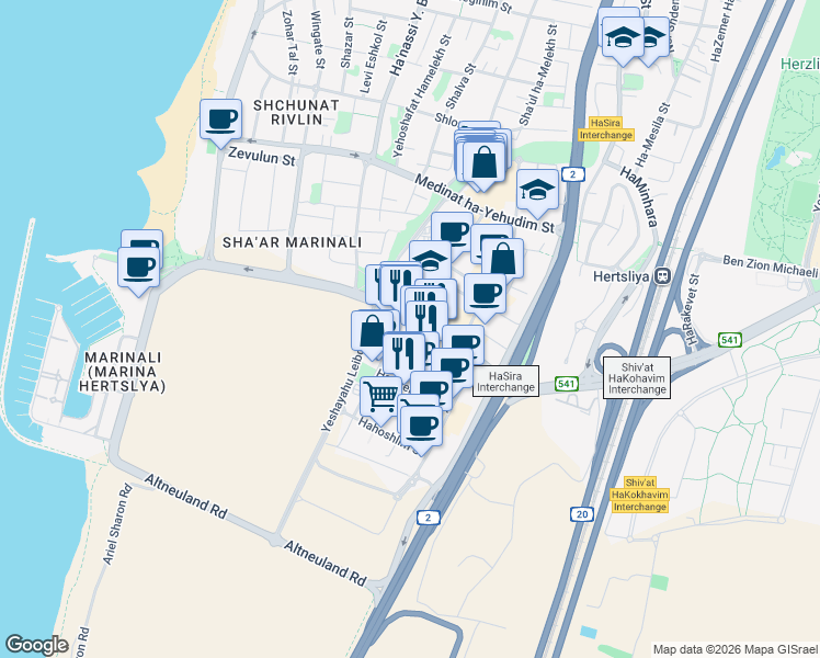 map of restaurants, bars, coffee shops, grocery stores, and more near 1 Ha-Sadna'ot Street in Herzliya