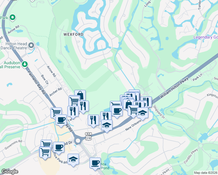 map of restaurants, bars, coffee shops, grocery stores, and more near 34 Oxford Drive in Hilton Head Island