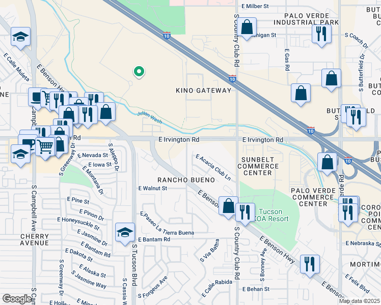 map of restaurants, bars, coffee shops, grocery stores, and more near 2861 East Cottonwood Club Lane in Tucson