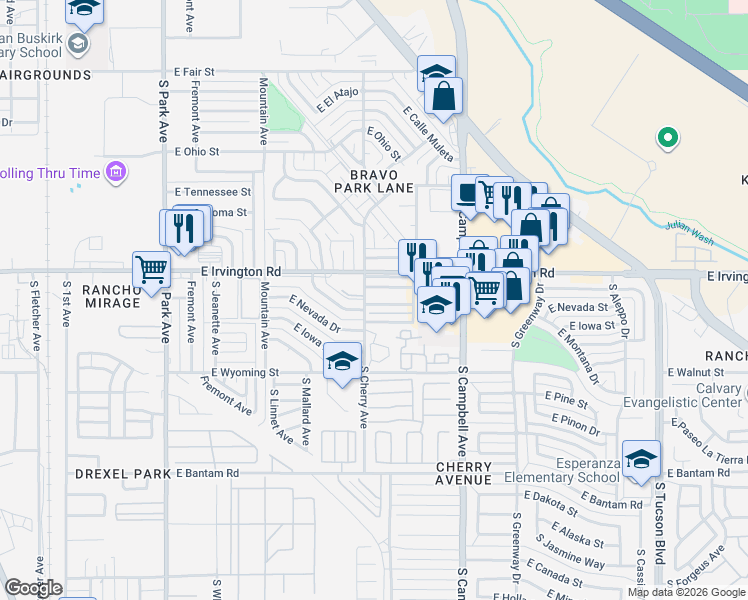 map of restaurants, bars, coffee shops, grocery stores, and more near 1602 East Irvington Road in Tucson
