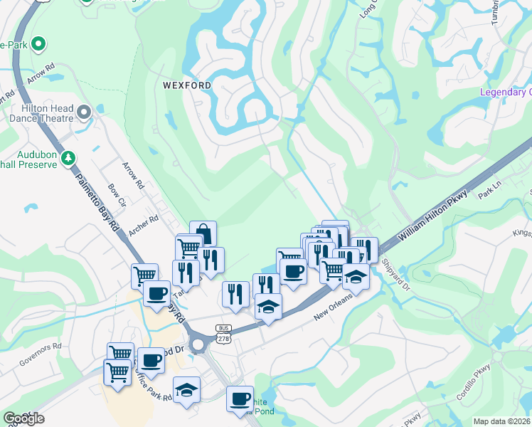 map of restaurants, bars, coffee shops, grocery stores, and more near 6-34 Oxford Drive in Hilton Head Island