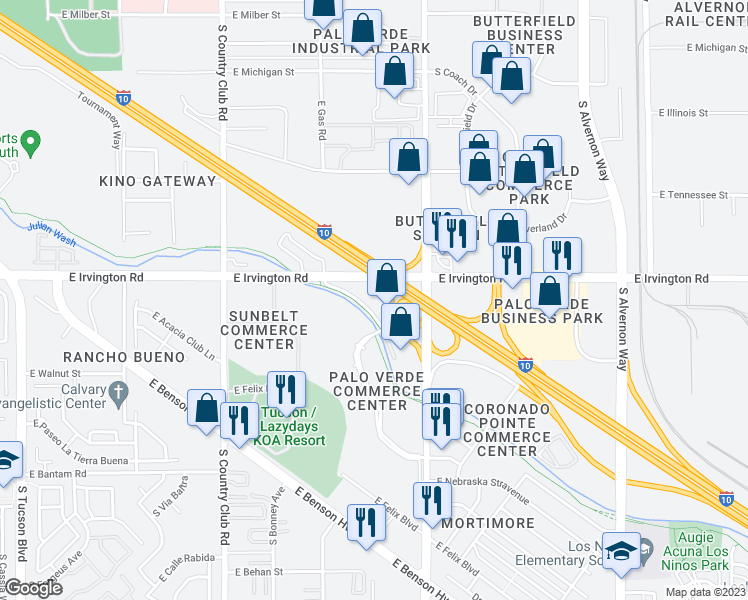 map of restaurants, bars, coffee shops, grocery stores, and more near 4950 South Outlet Center Drive in Tucson