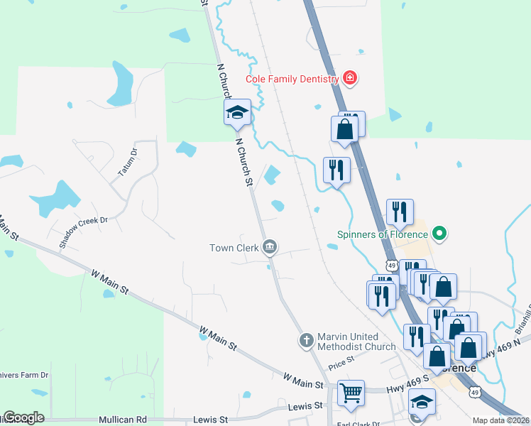 map of restaurants, bars, coffee shops, grocery stores, and more near 320 North Church Street in Florence