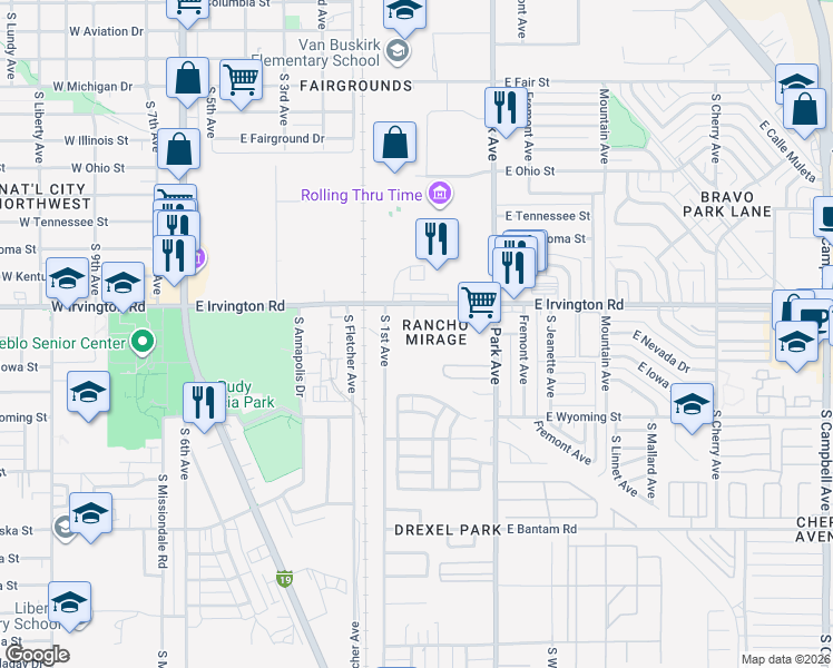 map of restaurants, bars, coffee shops, grocery stores, and more near 750 East Irvington Road in Tucson