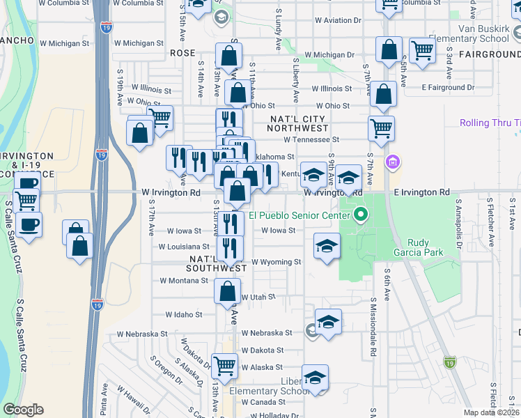 map of restaurants, bars, coffee shops, grocery stores, and more near 454 West Nevada Street in Tucson