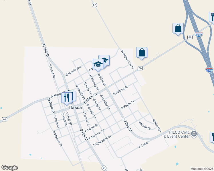 map of restaurants, bars, coffee shops, grocery stores, and more near 507 East Monroe Street in Itasca