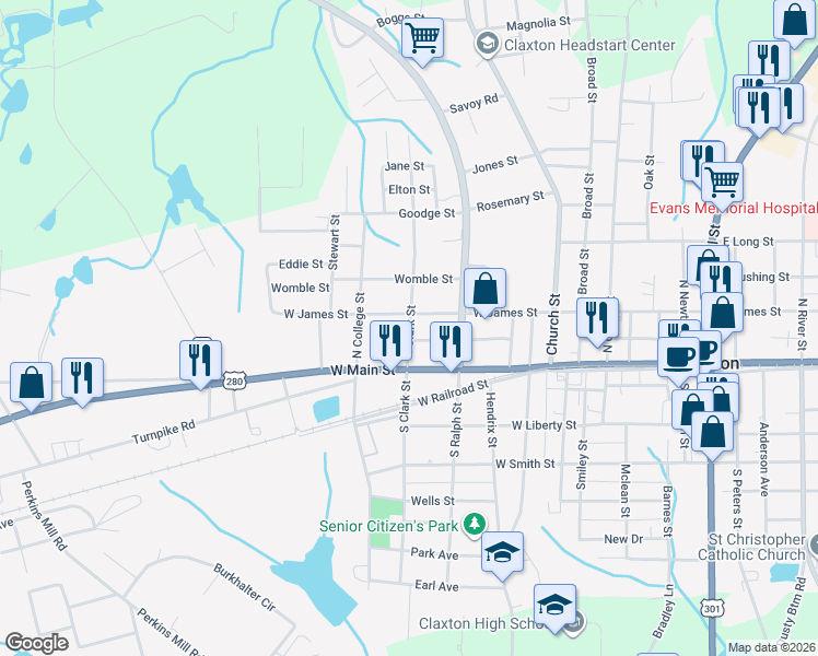 map of restaurants, bars, coffee shops, grocery stores, and more near 610 West James Street in Claxton