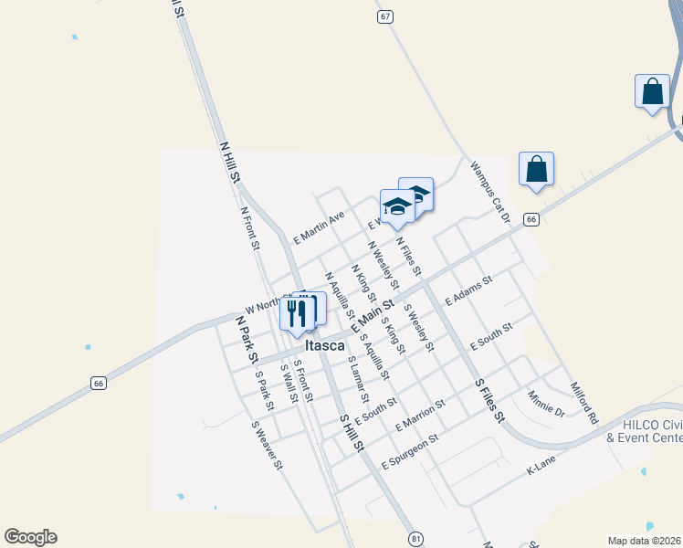 map of restaurants, bars, coffee shops, grocery stores, and more near 301 North King Street in Itasca