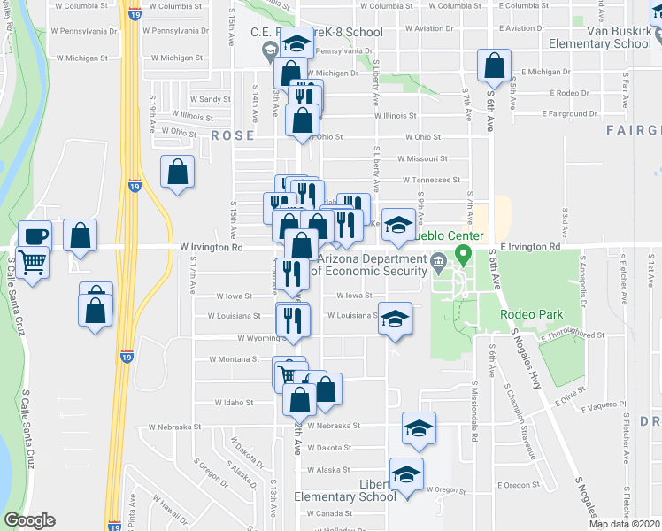 map of restaurants, bars, coffee shops, grocery stores, and more near 454 West Nevada Street in Tucson