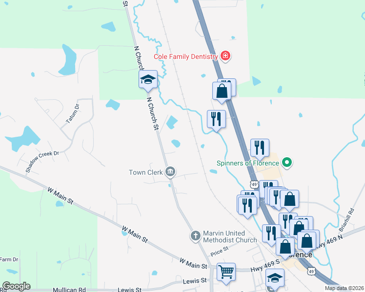 map of restaurants, bars, coffee shops, grocery stores, and more near 320 North Church Street in Florence