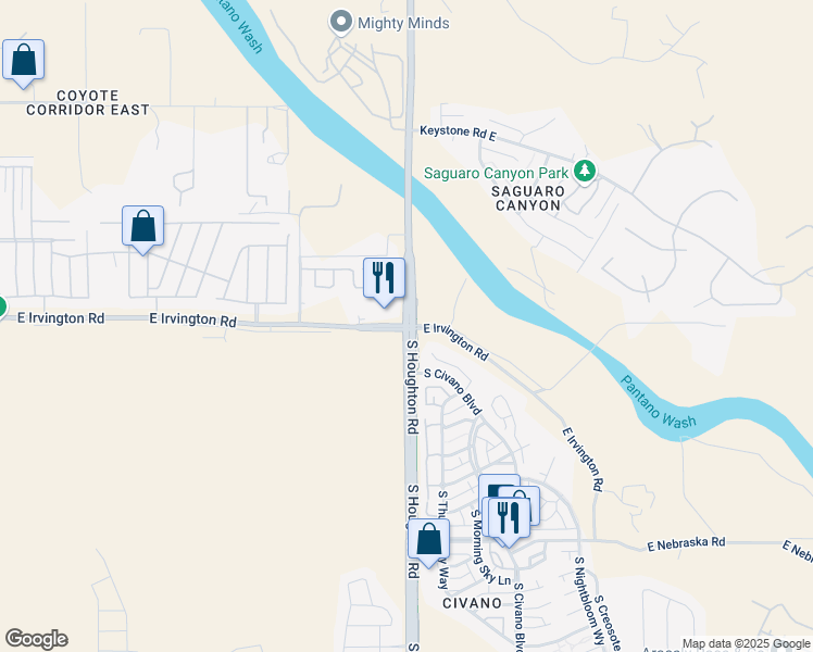map of restaurants, bars, coffee shops, grocery stores, and more near South Houghton Road & East Irvington Road in Tucson