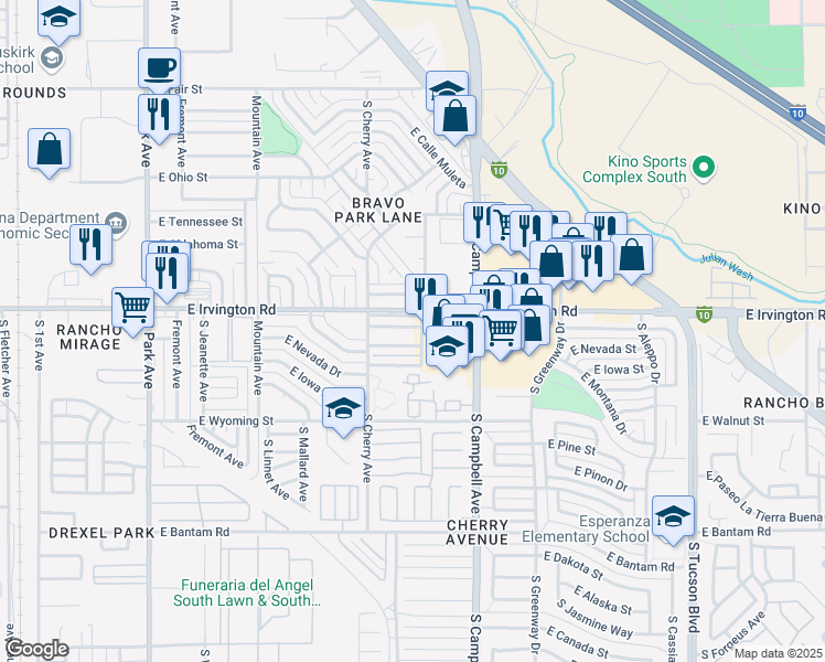 map of restaurants, bars, coffee shops, grocery stores, and more near 1718 East Irvington Road in Tucson