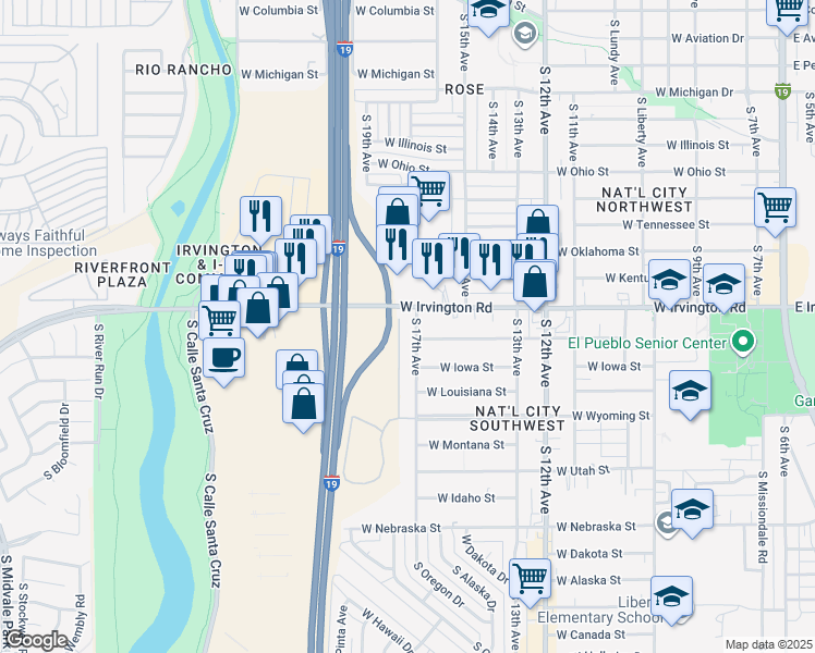 map of restaurants, bars, coffee shops, grocery stores, and more near 903 West Irvington Road in Tucson