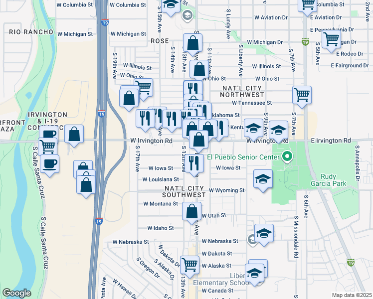 map of restaurants, bars, coffee shops, grocery stores, and more near 4910 South 13th Avenue in Tucson