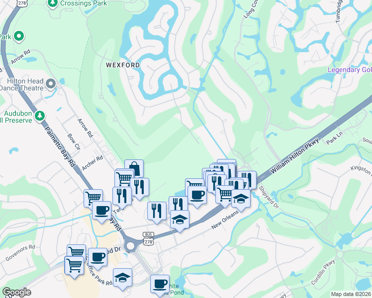 map of restaurants, bars, coffee shops, grocery stores, and more near 6-34 Oxford Drive in Hilton Head Island