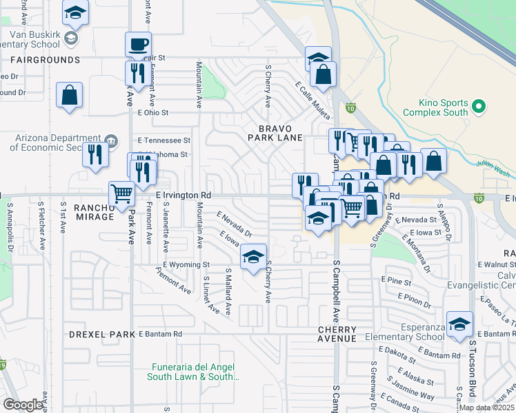 map of restaurants, bars, coffee shops, grocery stores, and more near 1454 East Irvington Road in Tucson