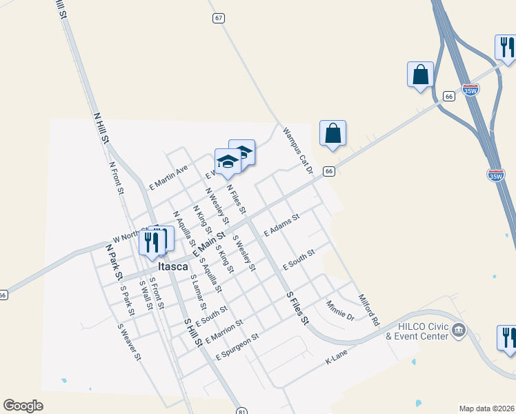 map of restaurants, bars, coffee shops, grocery stores, and more near 609 East Main Street in Itasca