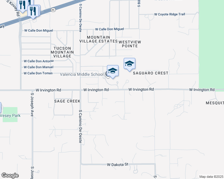 map of restaurants, bars, coffee shops, grocery stores, and more near 4400 West Irvington Road in Tucson