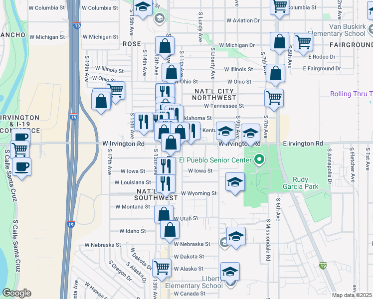 map of restaurants, bars, coffee shops, grocery stores, and more near 457 West Irvington Road in Tucson