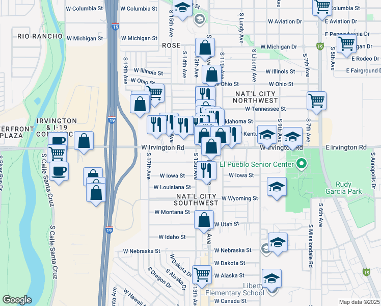 map of restaurants, bars, coffee shops, grocery stores, and more near 4910 South 13th Avenue in Tucson