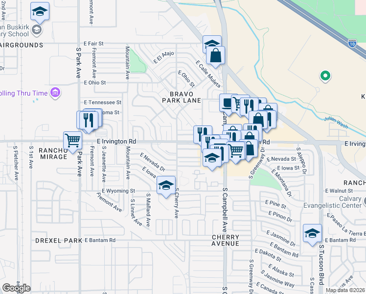 map of restaurants, bars, coffee shops, grocery stores, and more near 1602 East Irvington Road in Tucson