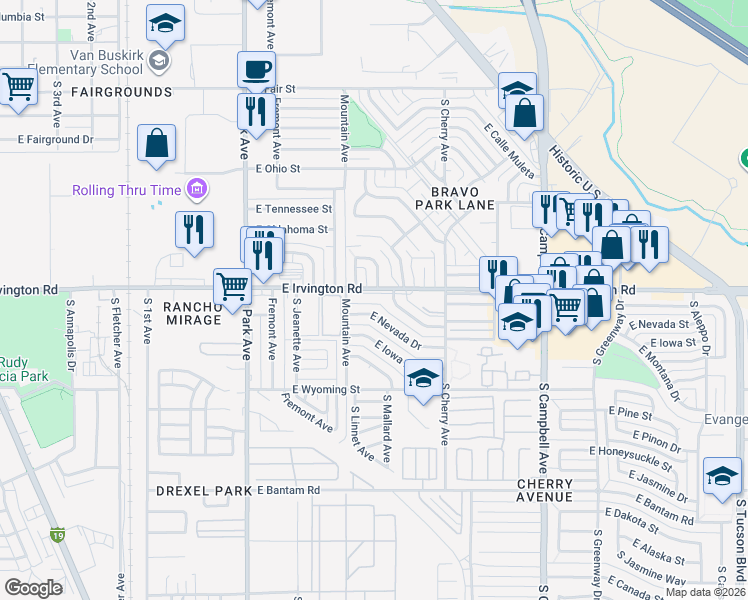 map of restaurants, bars, coffee shops, grocery stores, and more near 1354 East Irvington Road in Tucson