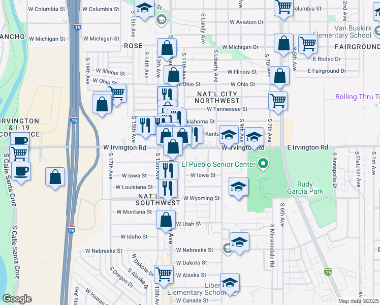 map of restaurants, bars, coffee shops, grocery stores, and more near 457 West Irvington Road in Tucson