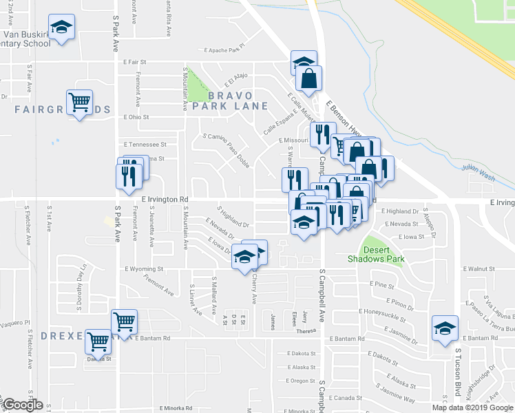 map of restaurants, bars, coffee shops, grocery stores, and more near 1602 East Irvington Road in Tucson