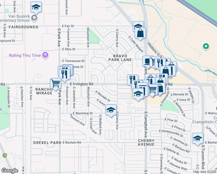 map of restaurants, bars, coffee shops, grocery stores, and more near 1454 East Irvington Road in Tucson